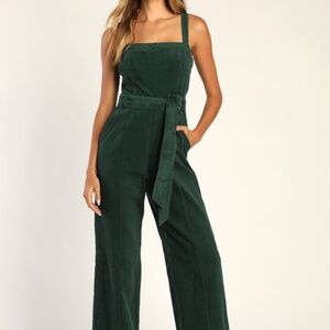 Cutie Season Dark Green Corduroy Wide-Leg Jumpsuit